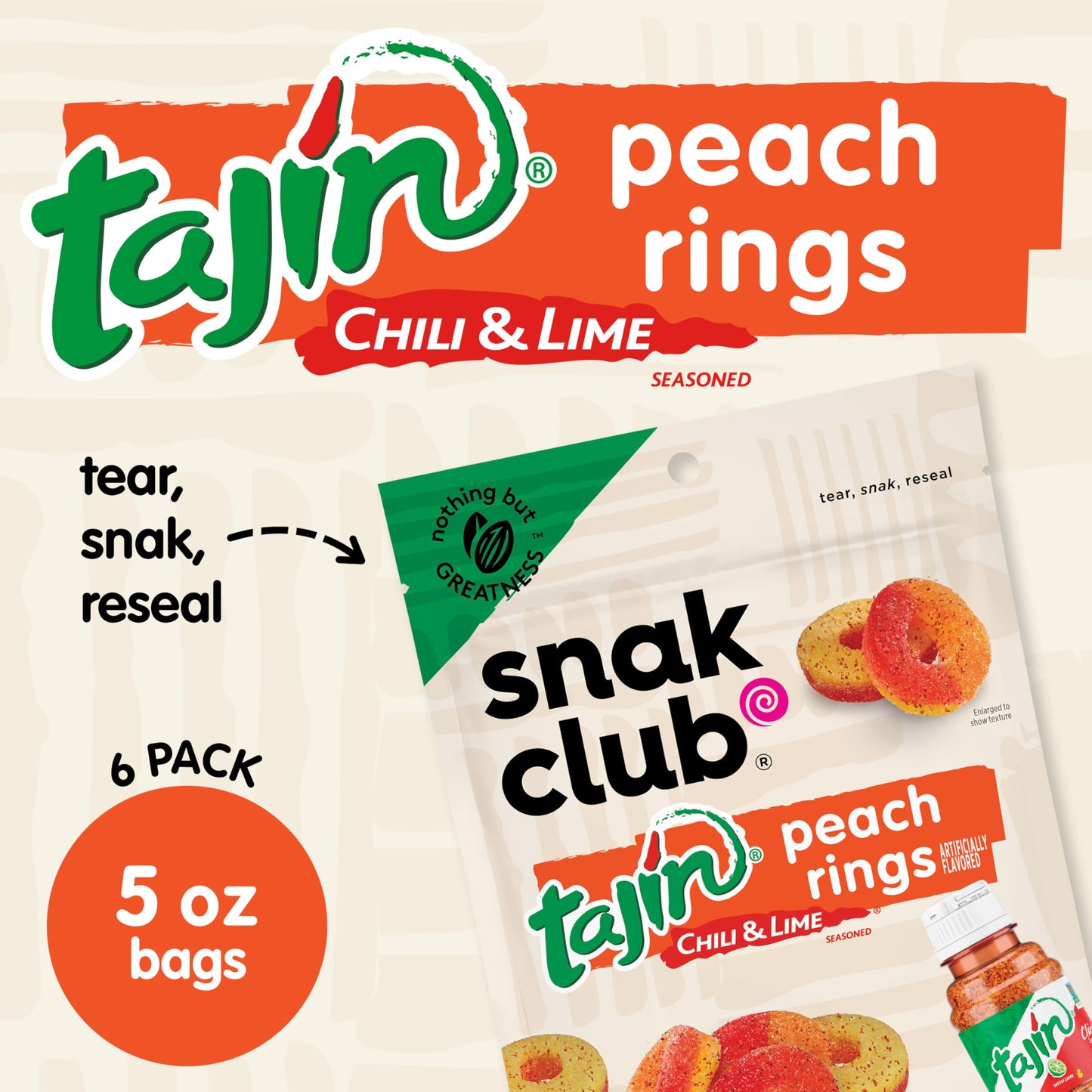 Snak Club Tajin Peach Rings Gummy Candy, Fruit Candy Gummies with Chili and Lime Seasoning, Mild, Gluten-Free and Vegan Snacks, 5 oz Resealable Bags