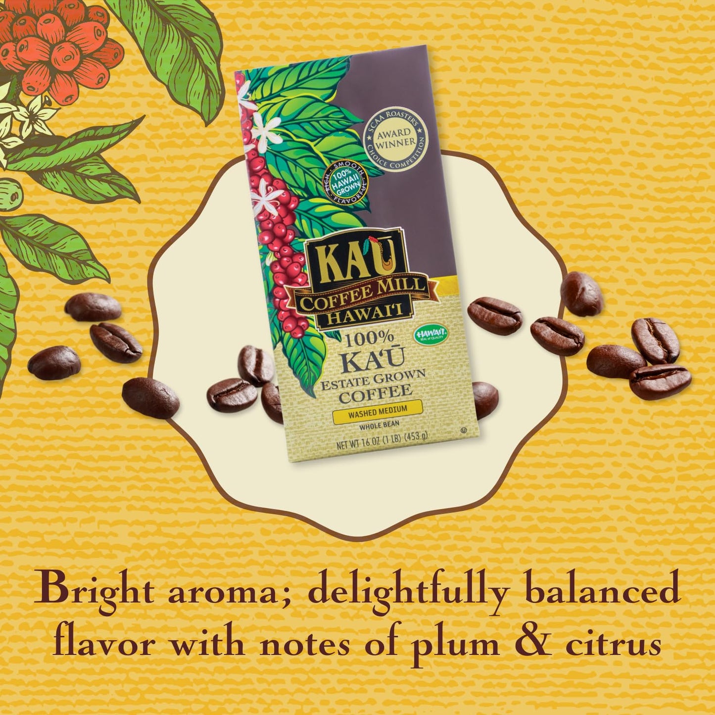 Ka'u Coffee Mill Washed Medium Roast Whole Bean - Bright Aroma - Plum & Citrus Notes - Handpicked & Washed Processed Hawaii Grown Arabica Beans