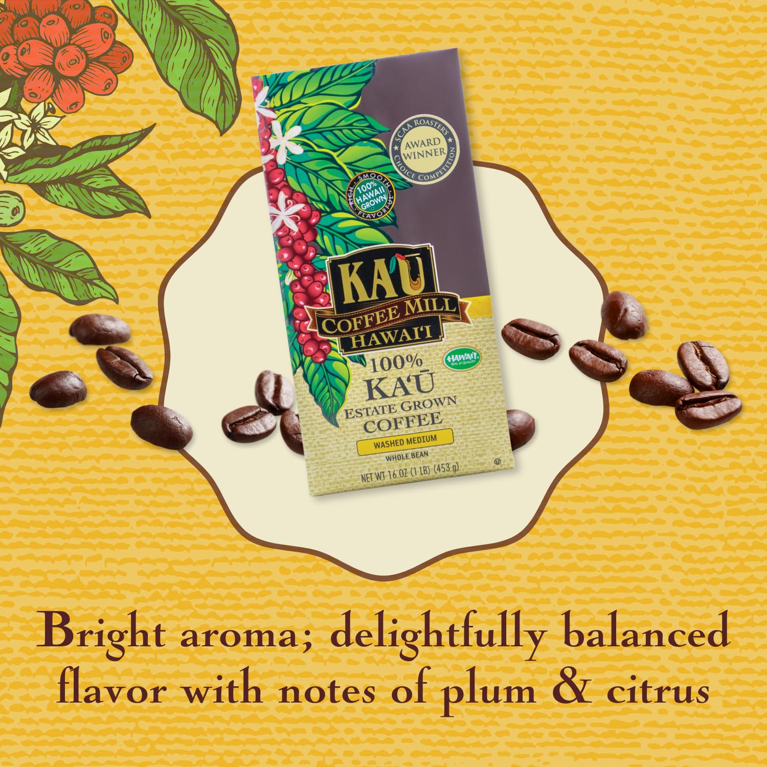 Ka'u Coffee Mill Washed Medium Roast Whole Bean - Bright Aroma - Plum & Citrus Notes - Handpicked & Washed Processed Hawaii Grown Arabica Beans