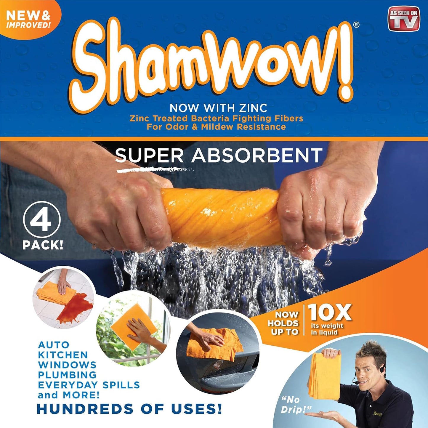 ShamWow 4pk (20"x27") Shammy Super Absorbent Multi-Purpose Home Cleaning, Chamois Towel for Cars, Lint-Free, Streak-Free & Scratch-Free, Holds 10x Its