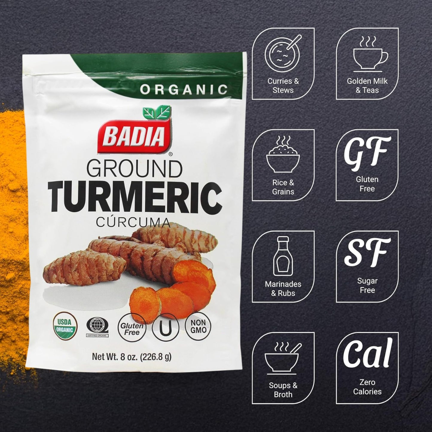 Badia Organic Turmeric Ground, 8 oz resealable bag - Premium Curcuma Seasoning for Cooking, Golden Flavor & Rich Aroma