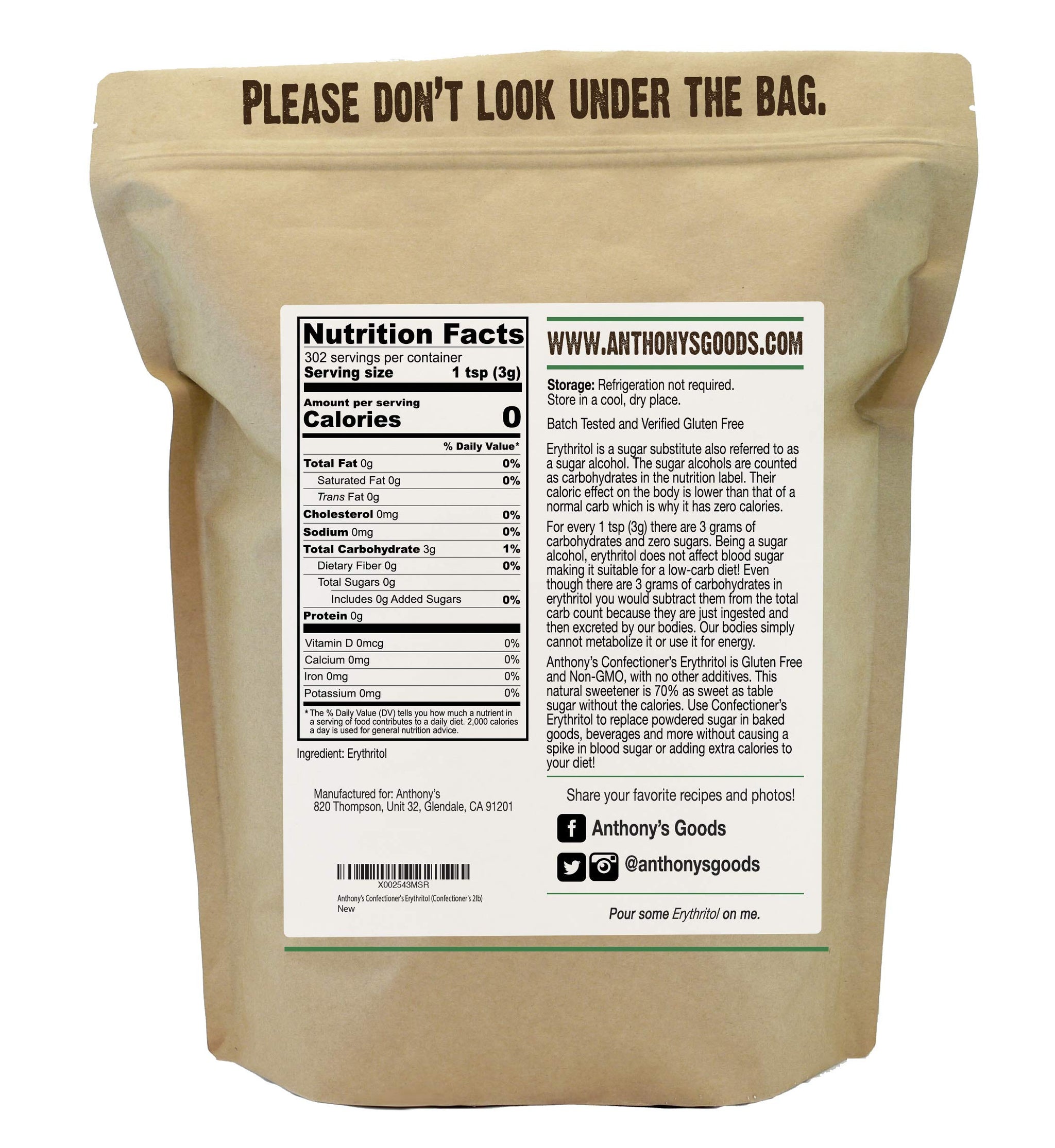 Anthony's Confectioner's Erythritol Powder, 2 lb, Non GMO, Sweetener, Zero Calorie, Keto & Paleo Friendly