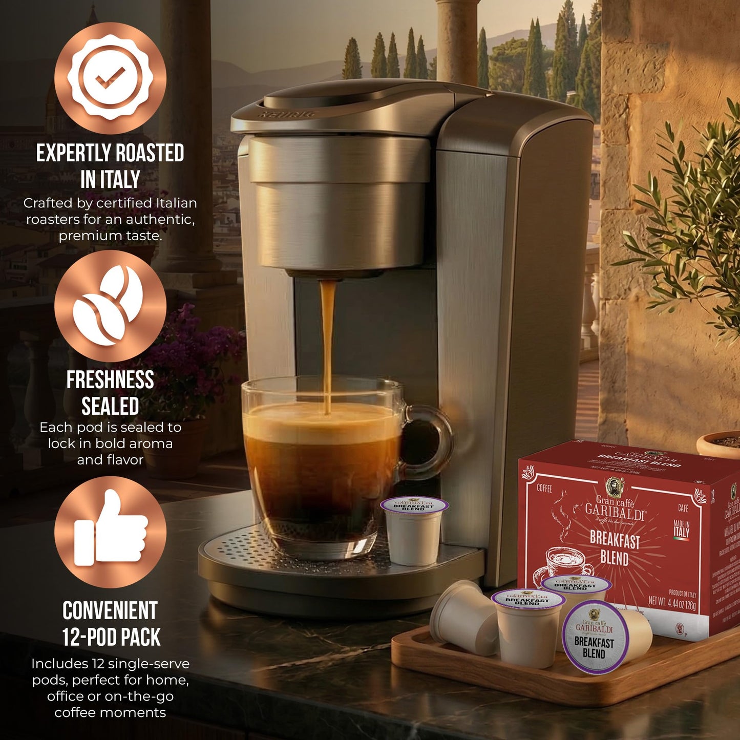 Caffè Garibaldi Breakfast Blend Coffee Pods, Single-Serve Capsules for Keurig K-Cup Brewers, Single Serve Cups with 100% Arabica Blend, 72 Count
