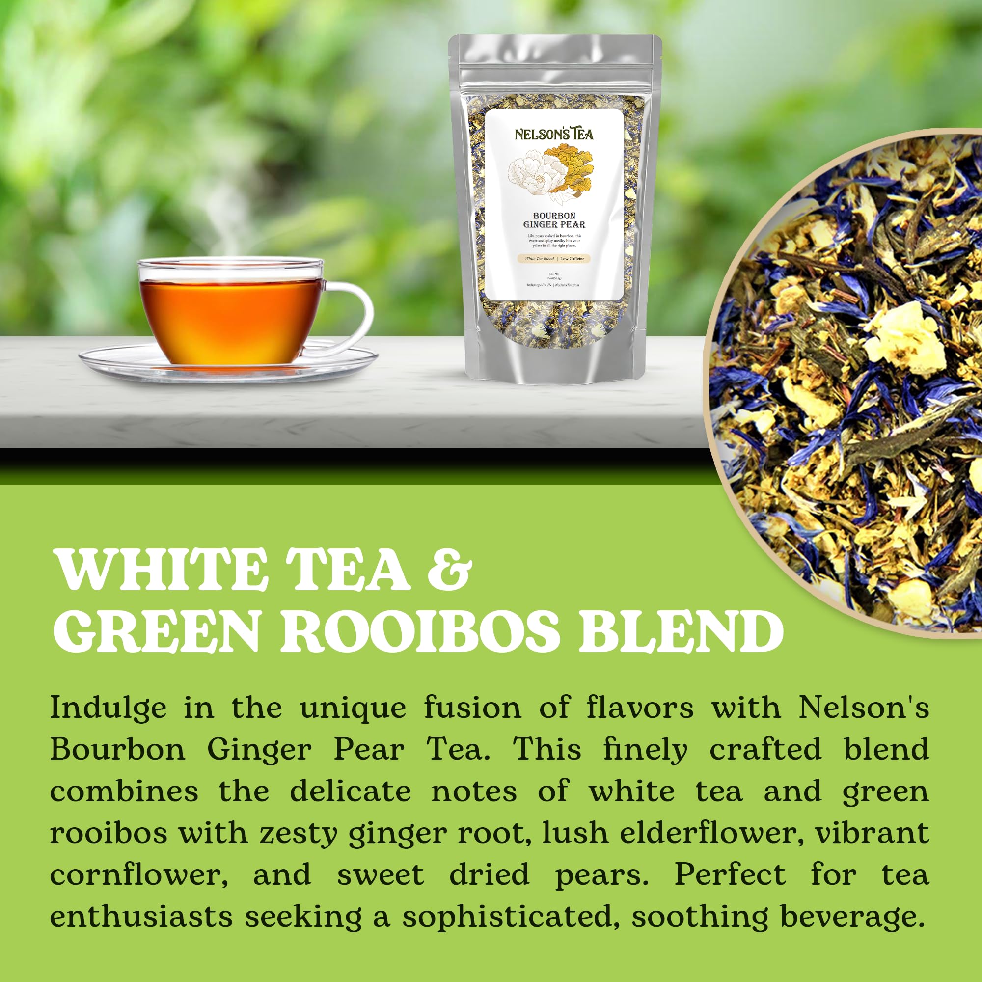 Nelson's Tea Bourbon Ginger Pear - Cut & Sifted Ginger Loose Leaf Tea with Dried Elderflower, Cornflower and Pears (2 oz)