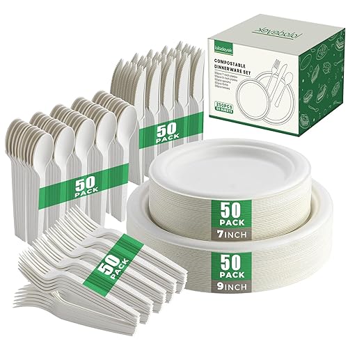 250 Pcs Biodegradable Paper Plates Set Disposable Dinnerware Set, Eco Friendly Compostable (EXTRA LONG UTENSILS), Utensil include, Forks, Knives