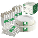 250 Pcs Biodegradable Paper Plates Set Disposable Dinnerware Set, Eco Friendly Compostable (EXTRA LONG UTENSILS), Utensil include, Forks, Knives