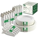 250 Pcs Biodegradable Paper Plates Set Disposable Dinnerware Set, Eco Friendly Compostable (EXTRA LONG UTENSILS), Utensil include, Forks, Knives
