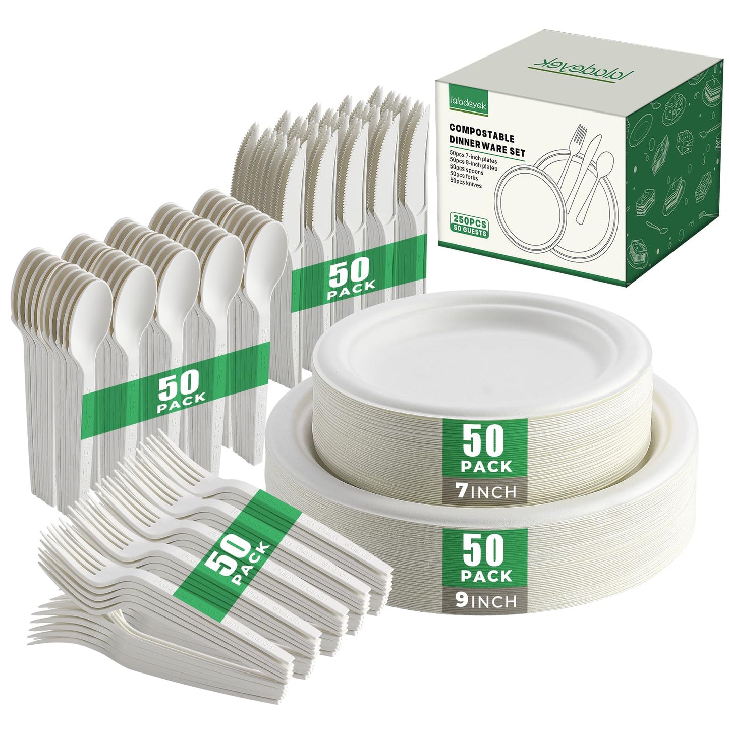 250 Pcs Biodegradable Paper Plates Set Disposable Dinnerware Set, Eco Friendly Compostable (EXTRA LONG UTENSILS), Utensil include, Forks, Knives