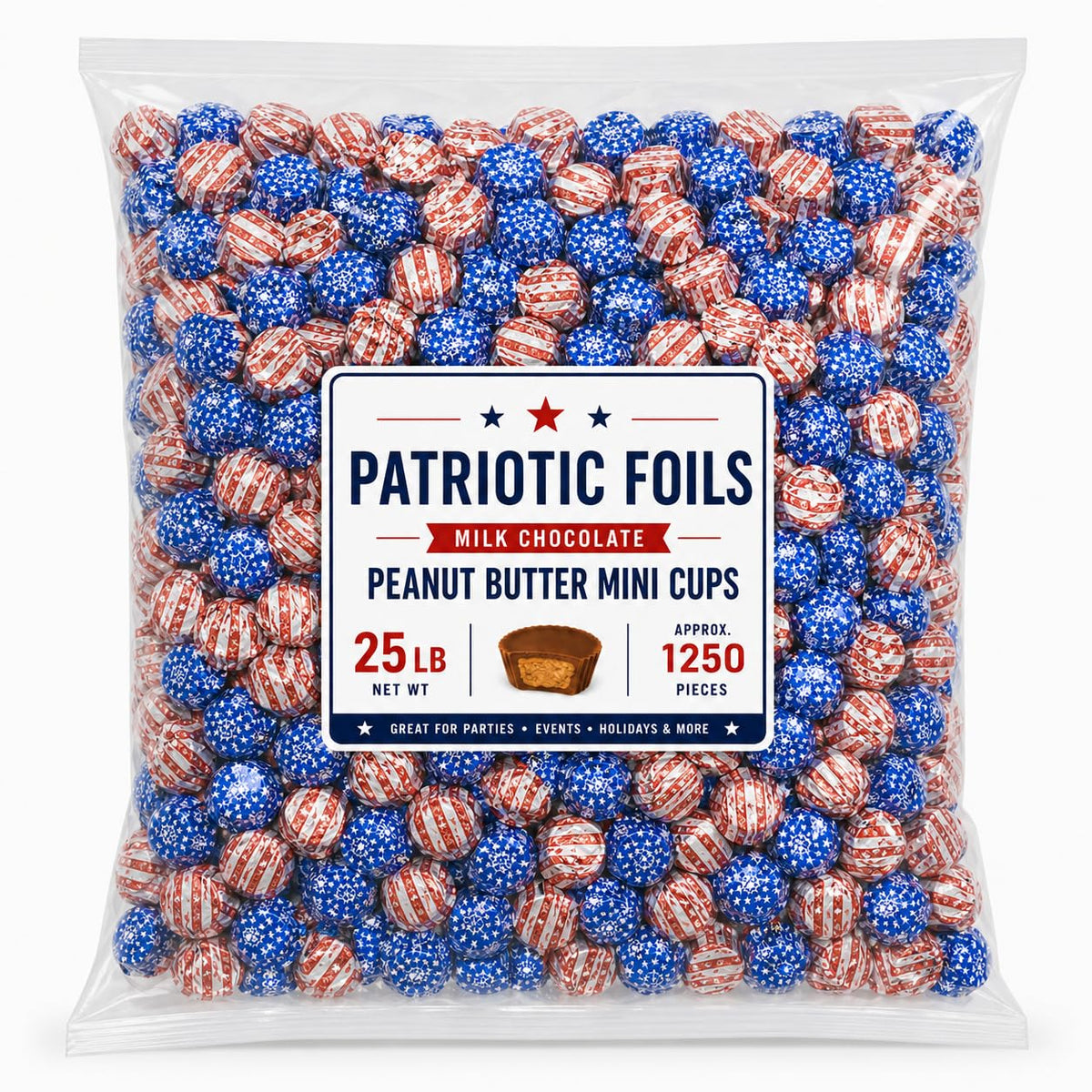 Miniature Chocolate Peanut Butter Cup Candy Red White Blue Foil Wrapped Bulk Bag - 25 lb (Approx. 1250 pieces)