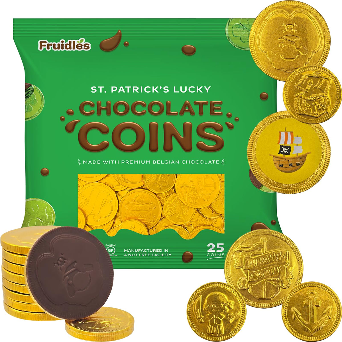 Fruidles St. Patrick's Pirate Design Belgian Milk Chocolate Coins, Kosher Certified Dairy, Non GMO (25 Coins)