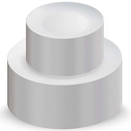 Munfix 100 White Plastic Plates Set, 50 Pcs 10.25 Inch Dinner and 50 Pcs 7.5 Inch Plastic Dessert Plates, Elegant Fancy Heavy Duty Disposable Plates