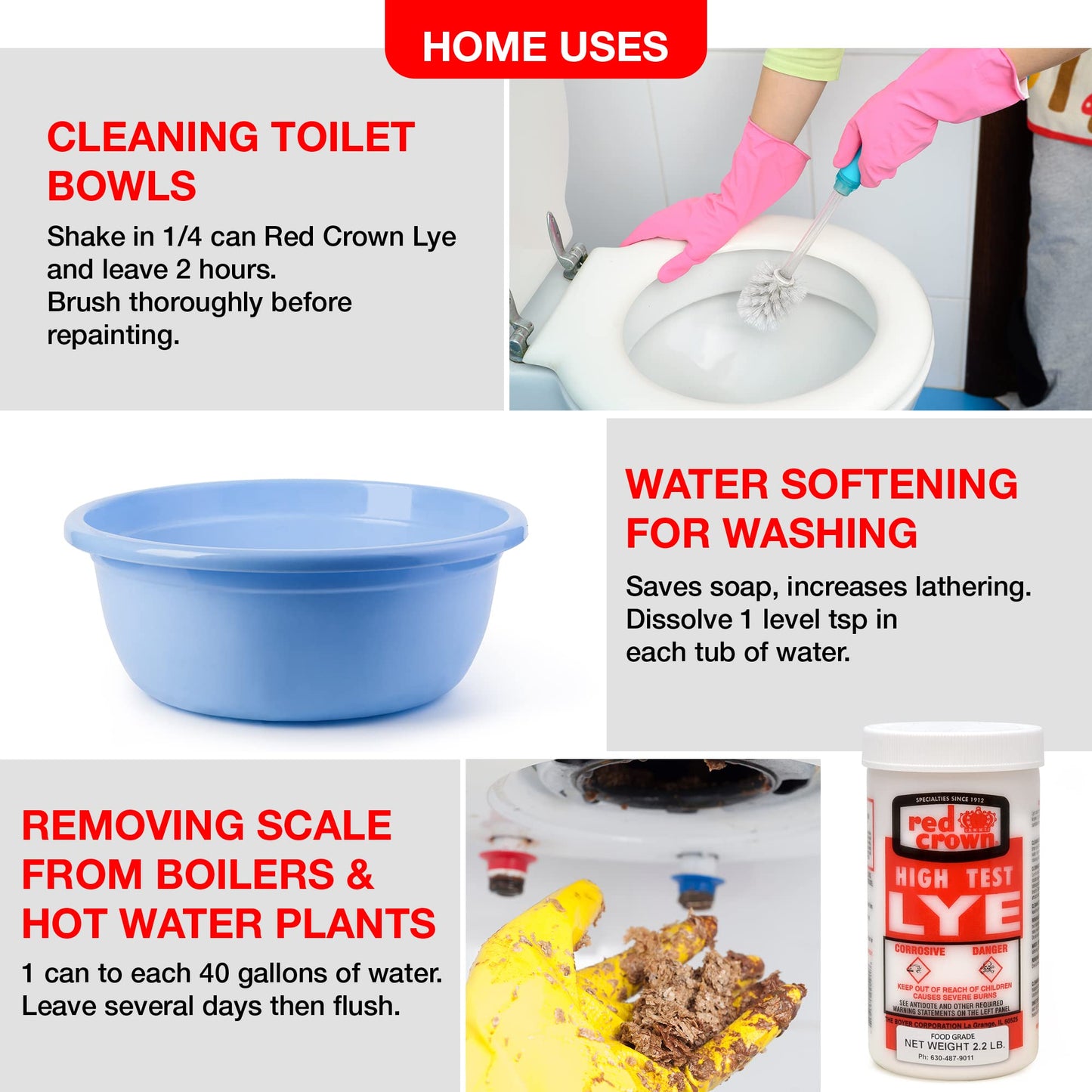 The Boyer Corporation Red Crown Lye for Soap Making, Sodium Hydroxide Pure High Test Food Grade Lye, Caustic Soda, Drain Cleaner and Clog Remover, 3