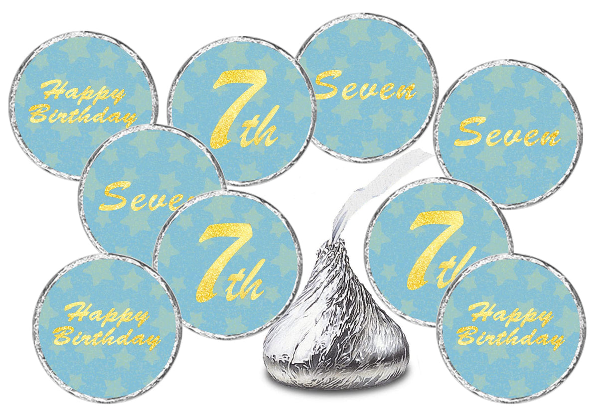 7th Birthday Kisses Stickers, Seven Blue Kiss Labels for Boy Happy Birthday Party, Chocolate Drop Tabletop Decorations, Candy Not Included. Made in