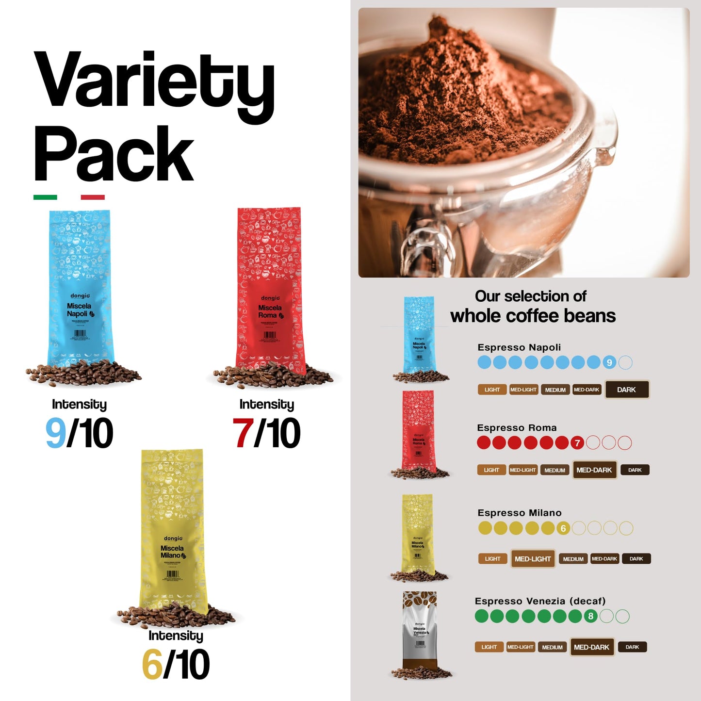 Dongiò Caffè Variety Pack whole bean coffee, 3 bags of 2.2 lbs - 100% blended and roasted in Italy (light, medium and dark roasts)