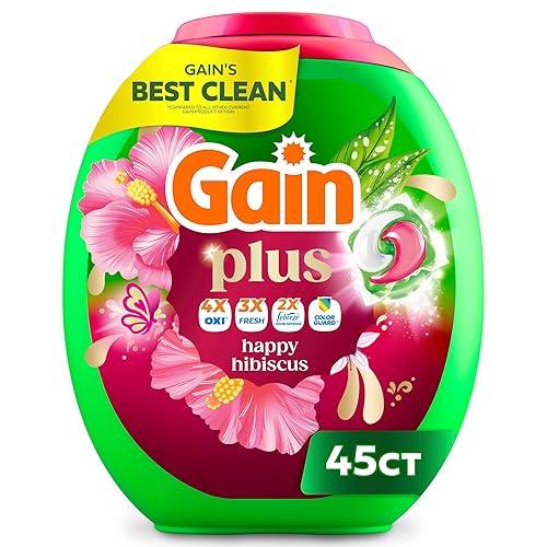 Gain Plus Flings Liquid Washing Detergent Pods, Gain's Best Clean, All-In-One, Happy Hibiscus Scent Laundry Pacs, 45 Count (Packaging May Vary)