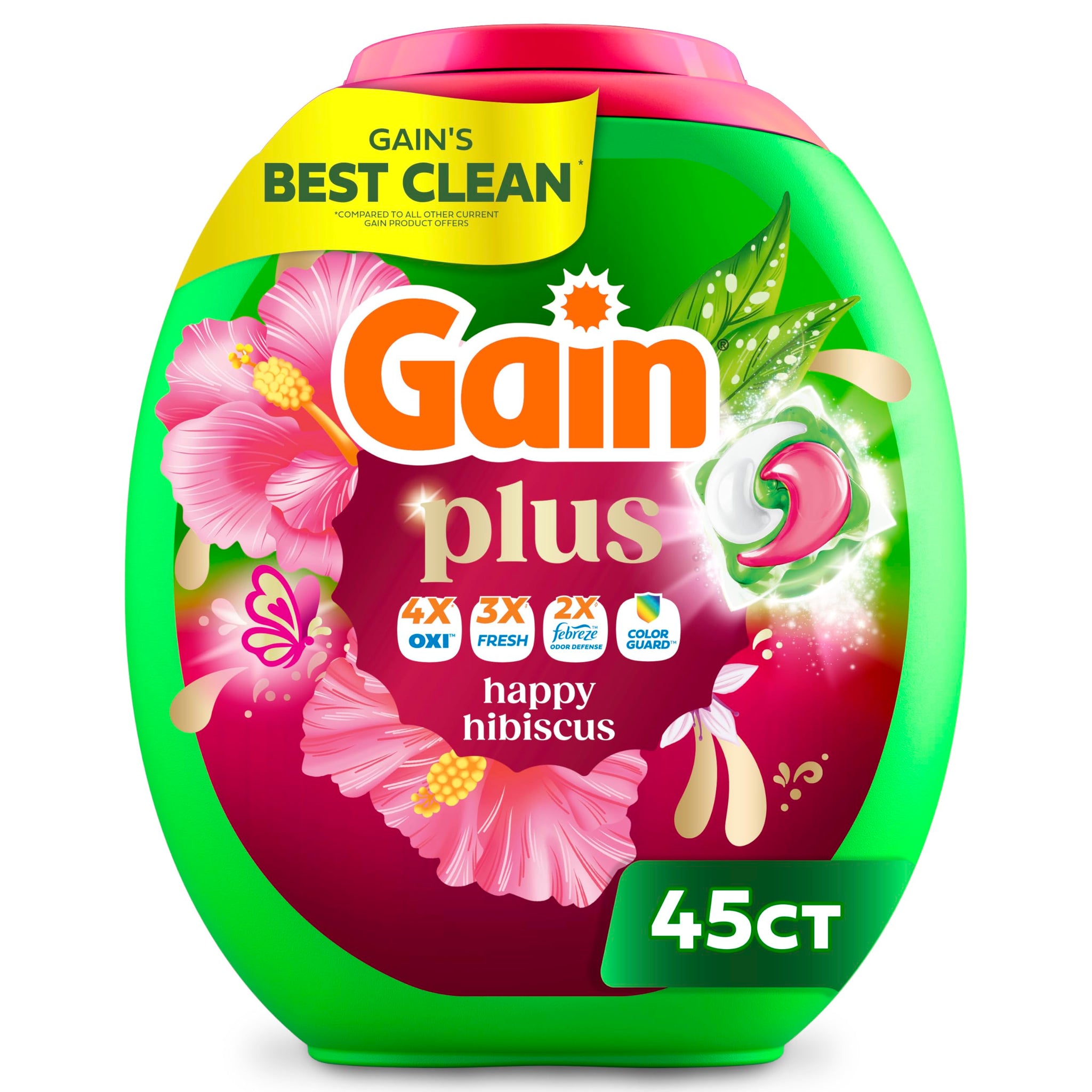 Gain Plus Flings Liquid Washing Detergent Pods, Gain's Best Clean, All-In-One, Happy Hibiscus Scent Laundry Pacs, 45 Count (Packaging May Vary)