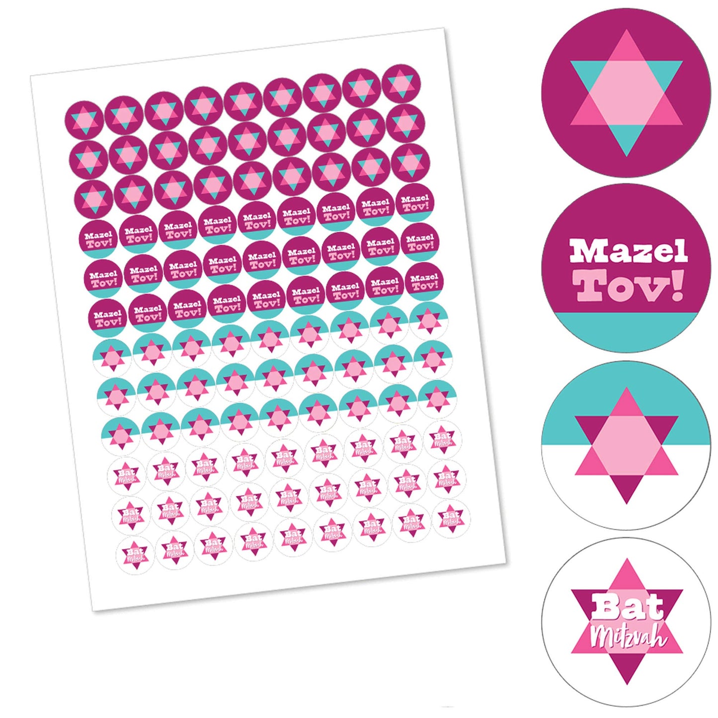 Big Dot of Happiness Pink Bat Mitzvah - Girl Party Round Candy Sticker Favors - Labels Fit Chocolate Candy (1 Sheet of 108)