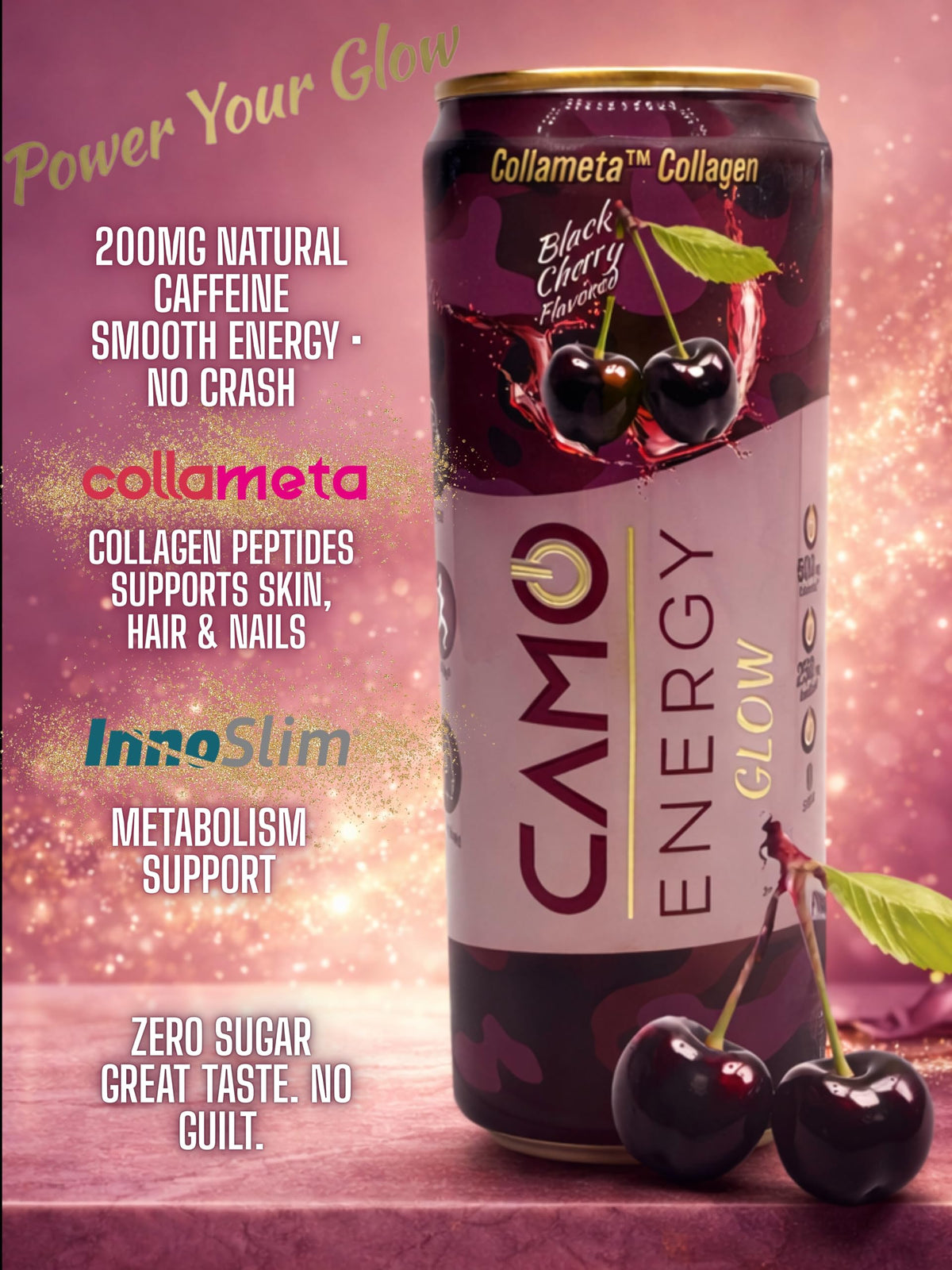 CAMO Energy Glow Black Cherry, 200mg Natural Caffeine, Collameta® Collagen Peptides, InnoSlim®, Zero Sugar, 12oz Cans, 24 Pack