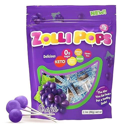 Zollipops Clean Teeth Pops Sugar Free Candy with Xylitol, Dye-Free Lollipops - Keto & Diabetic-Friendly, Dentist-Approved Treats for Kids (Grape, 3.1