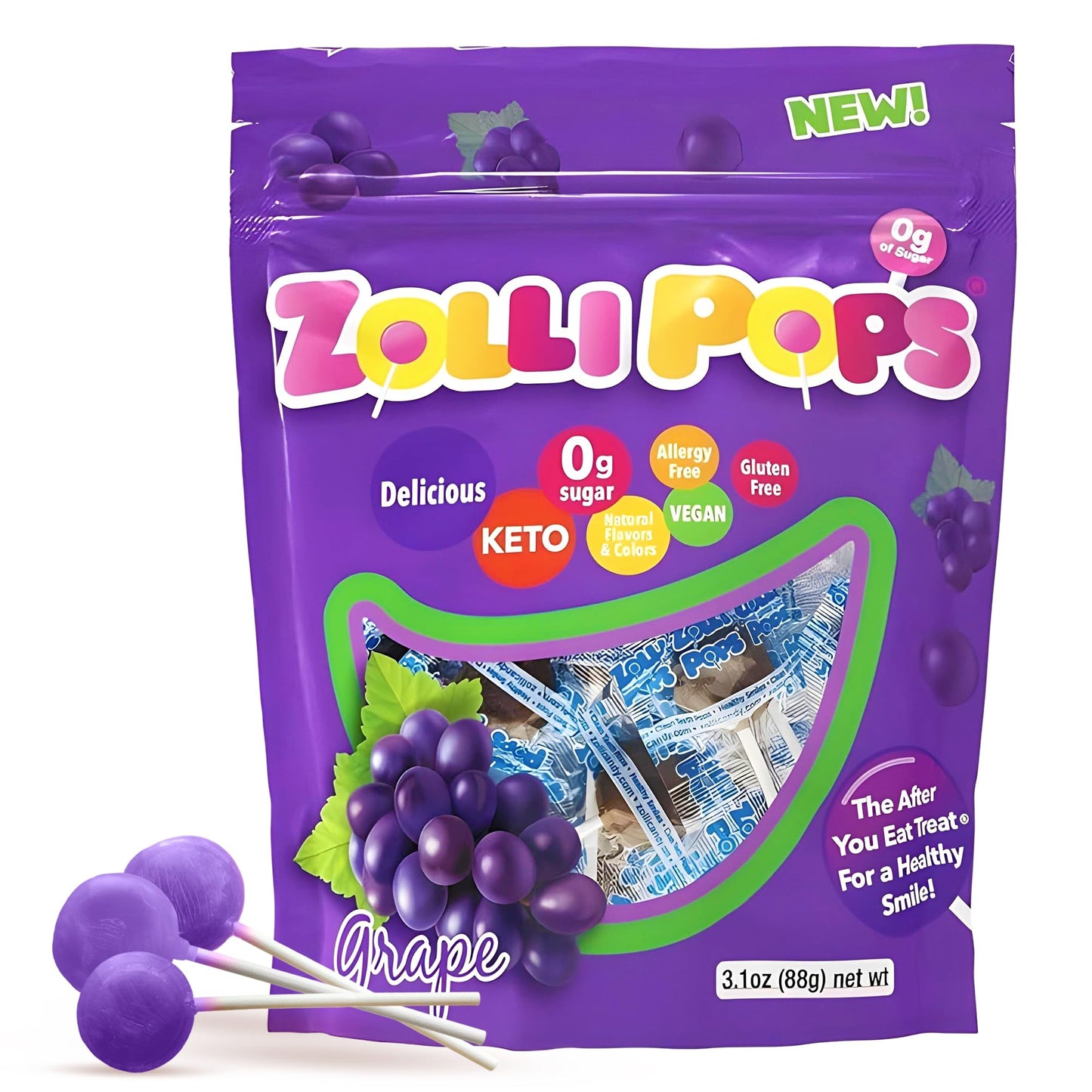 Zollipops Clean Teeth Pops Sugar Free Candy with Xylitol, Dye-Free Lollipops - Keto & Diabetic-Friendly, Dentist-Approved Treats for Kids (Grape, 3.1