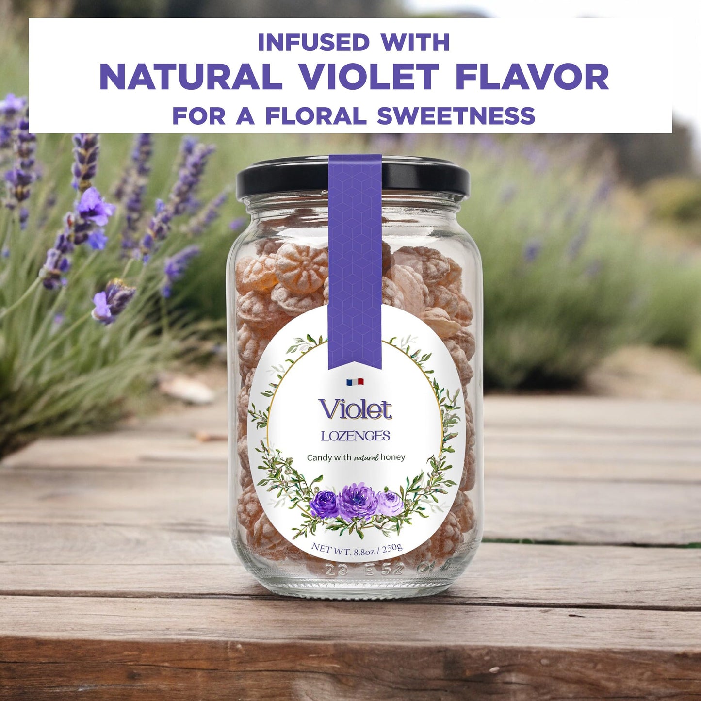 Gourmanity Violet Flavor Honey Lozenges Made with Real Honey and Natural Violet Flavor, Luxury French Candy, Great for Soothing your Throat, 8.8oz Jar