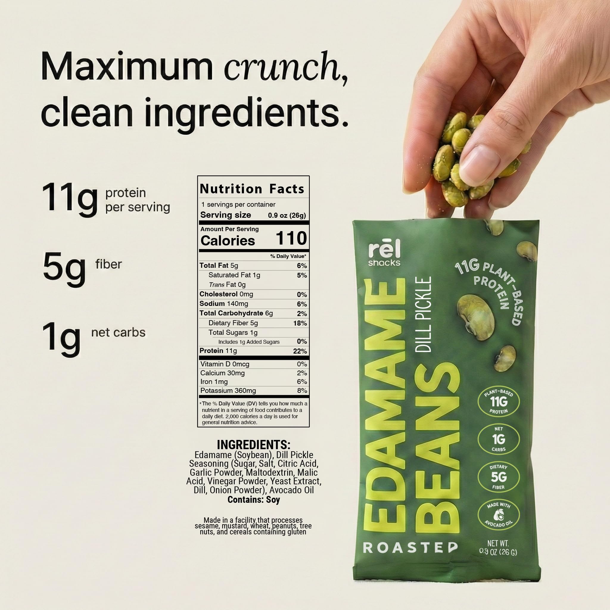 Rel Snacks Dill Pickle Roasted Edamame Beans - High Protein, Low Carb Snack (11g Protein) - Keto, Vegan, Non-GMO - Made with Avocado Oil - 10 Pack