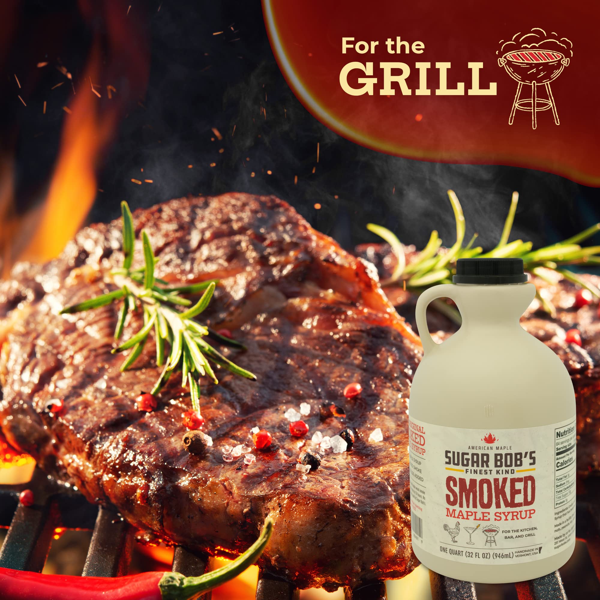Sugar Bob's Finest Kind - Smoked Maple Syrup - Glaze, Marinade, Cocktail Mixer, 32 fl oz - Made in Vermont