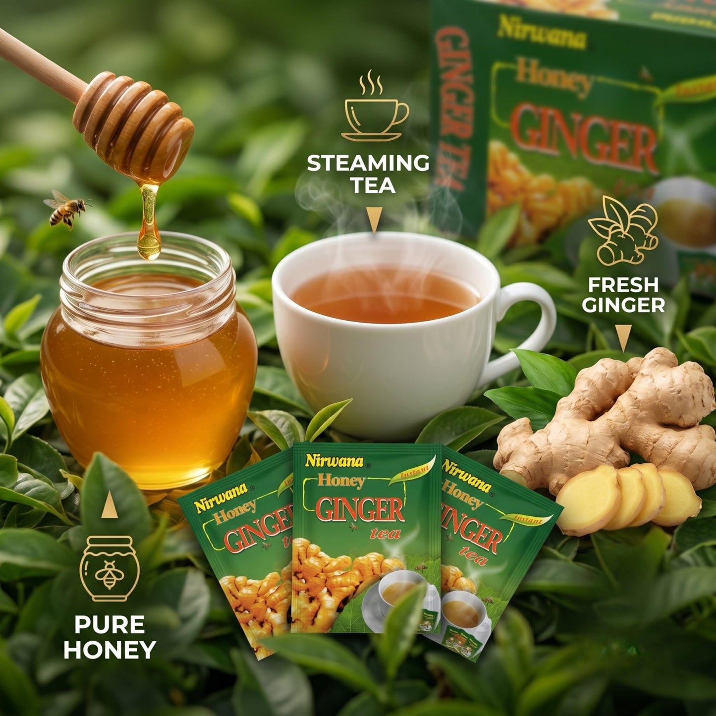 Nirwana Honey Ginger Herbal Tea - Caffeine-Free Ginger Tea Bags with Honey Flavor, Smooth Herbal Infusion, Warm & Aromatic Tea (20 Sachets)