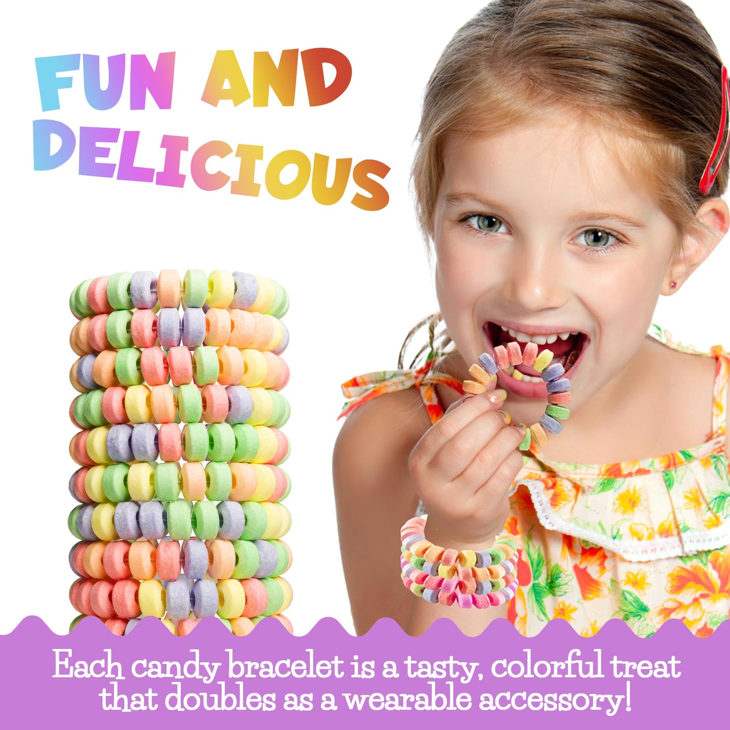36-Pack Candy Bracelets for Kids 2.5 Inch - Individually Wrapped Bulk Novelty Candy - Stretchable Edible Fruit Flavor Rainbow Bracelets for Birthday