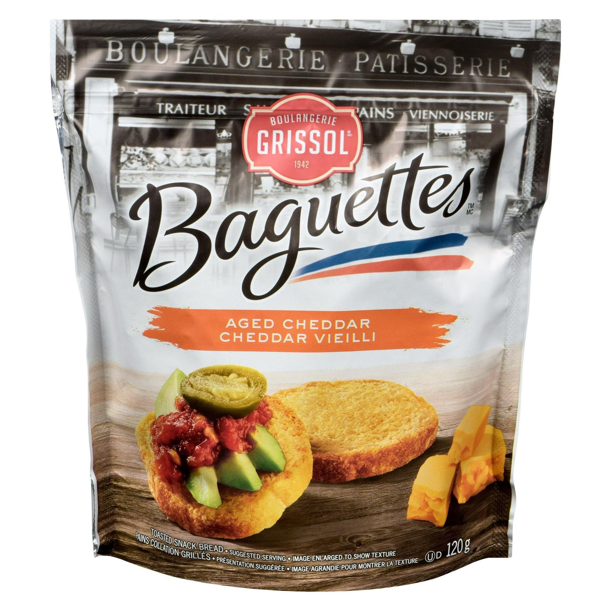 Boulangerie Grissol Baguettes, Aged Cheddar, 120g/4.2 oz.