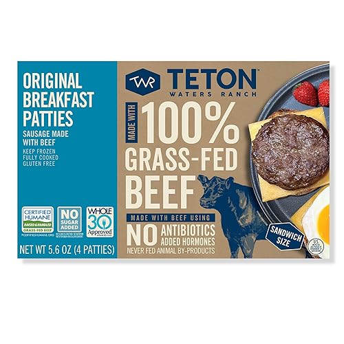 Teton Waters Ranch Breakfast Sausage Patties, 100% Grass-Fed Beef, Fully Cooked, Frozen Beef Breakfast Patties, No Sugar, No Nitrates or Nitrates