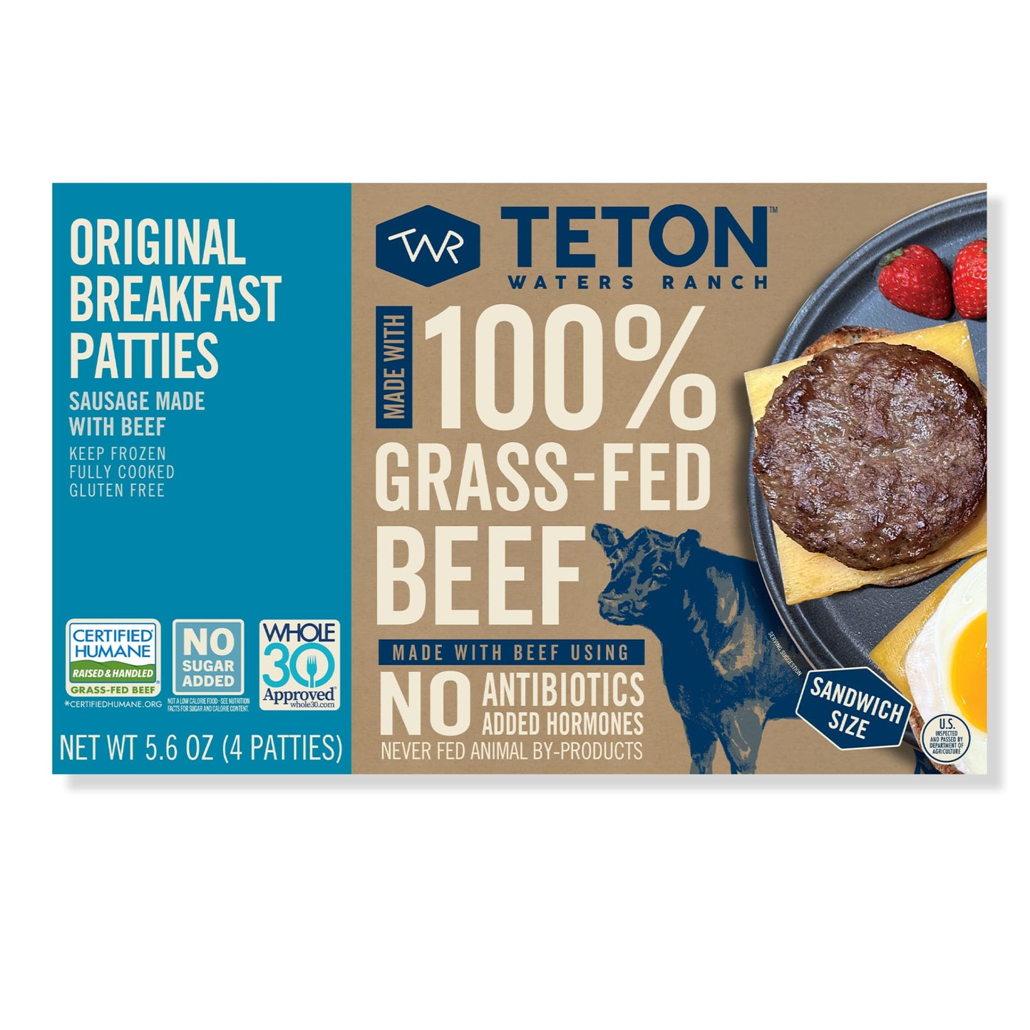 Teton Waters Ranch Breakfast Sausage Patties, 100% Grass-Fed Beef, Fully Cooked, Frozen Beef Breakfast Patties, No Sugar, No Nitrates or Nitrates