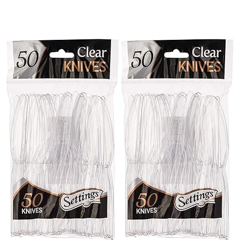 Settings [100 Count] Plastic Clear Knives, Heavyweight Disposable Cutlery, Great For Home, Office, School, Party, Picnics, Restaurant, Take-out Fast