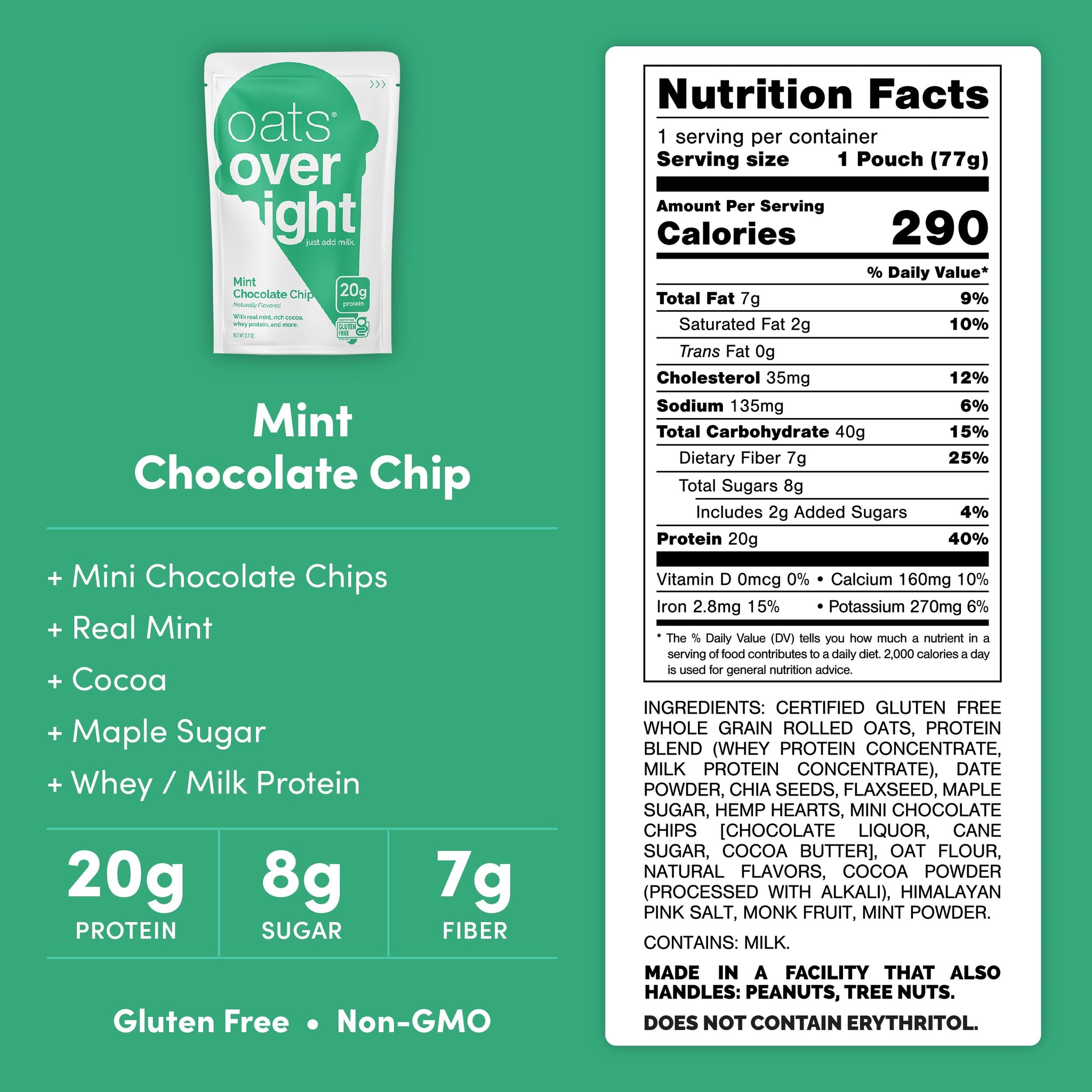 Oats Overnight Mint Chocolate Chip - Overnight Oats with 20g Protein, High Fiber Breakfast Protein Shake - Gluten Free Oatmeal, Non GMO High Protein