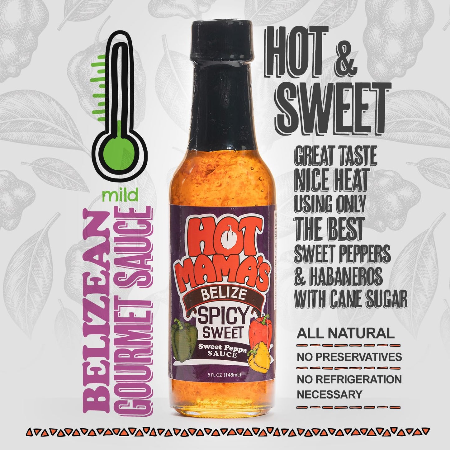 Hot Mama's Belize Sweet and Spicy Pepper Sauce - All-Naturral, No Preservatives - Non GMO - Gluten-Free, Vegan-Friendly, Fresh Ingredients - Great