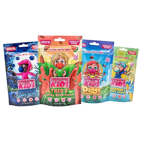 Bubblegum Kids Variety Pack Sugar Free Gum | Sugarless Gum with Xylitol | Vegan, Low Calorie Candy for Kids & Adults | 4 Flavors: Watermelon, Banana