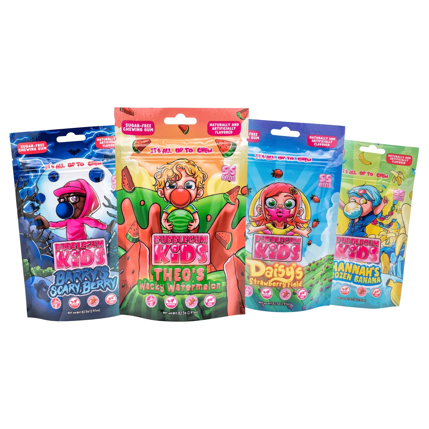 Bubblegum Kids Variety Pack Sugar Free Gum | Sugarless Gum with Xylitol | Vegan, Low Calorie Candy for Kids & Adults | 4 Flavors: Watermelon, Banana