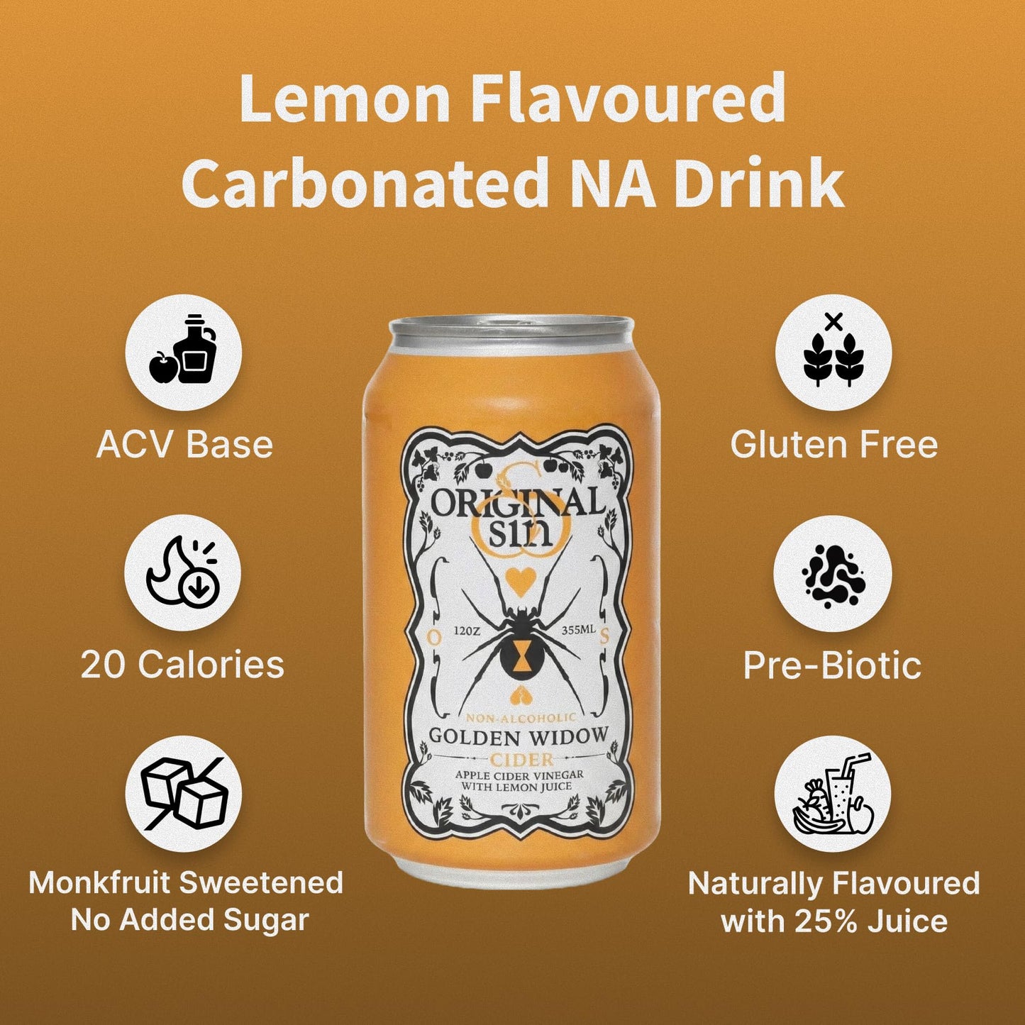 Original Sin Non Alcoholic Cider - Golden Widow Tea | Sparkling Apple Cider Vinegar Drink with 25% Fruit Juice | Sugar Free Non Alcoholic Drinks