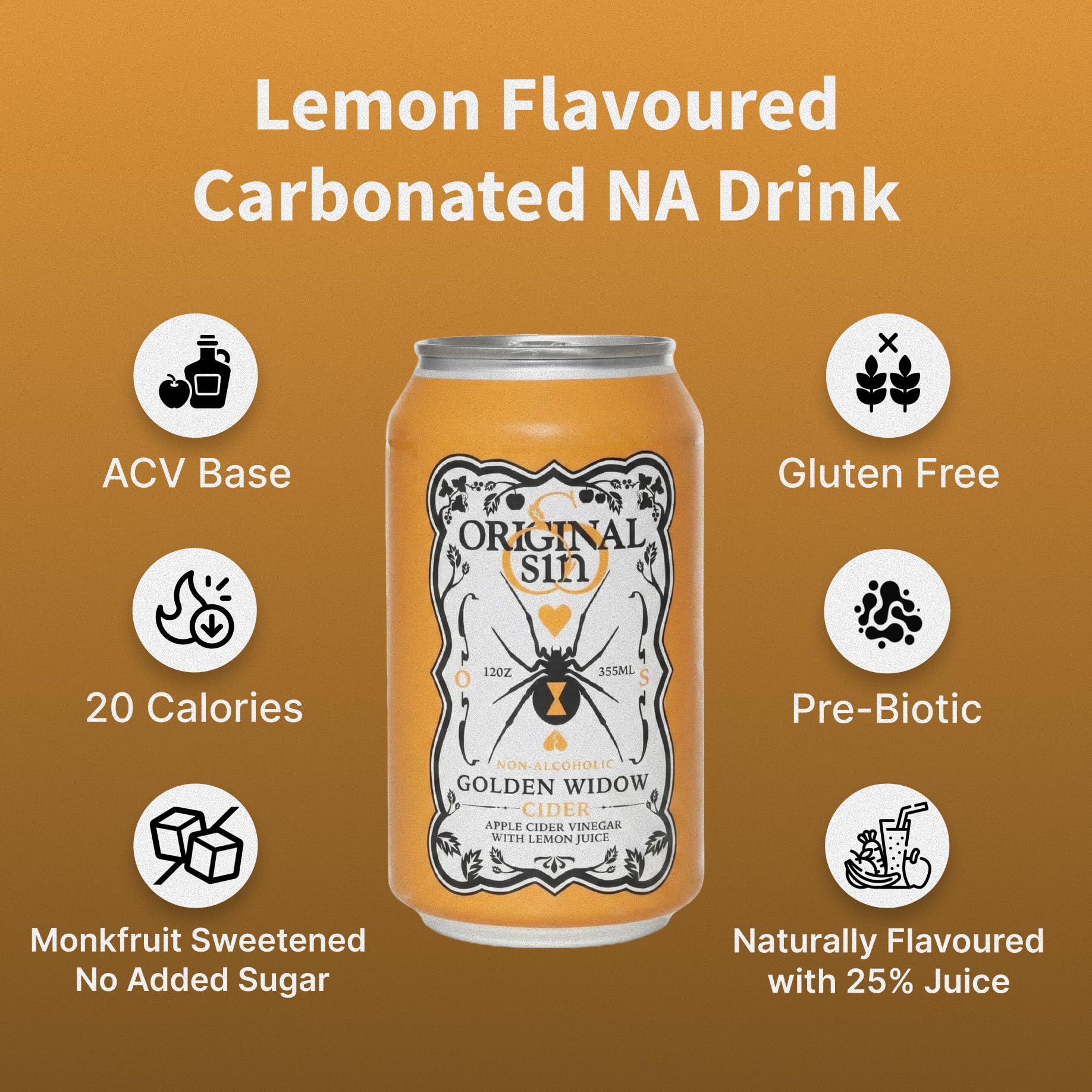 Original Sin Non Alcoholic Cider - Golden Widow Tea | Sparkling Apple Cider Vinegar Drink with 25% Fruit Juice | Sugar Free Non Alcoholic Drinks