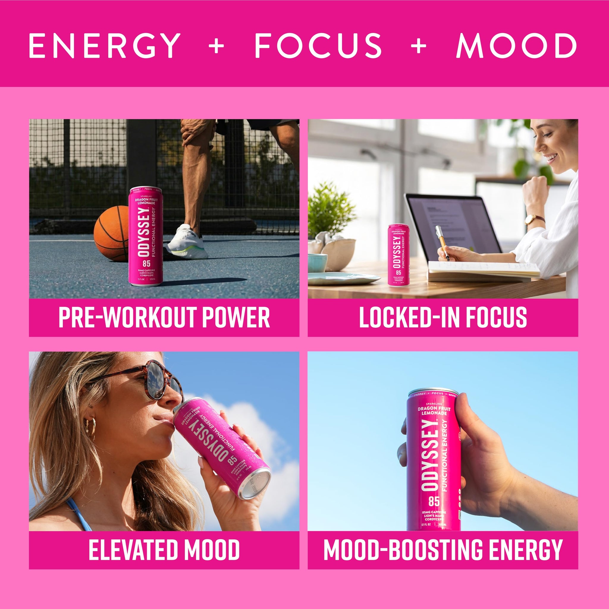 Odyssey Functional Energy Drink for Focus, Cognition & Mood Support 12 Pack - Adaptogenic Drink with 85mg Green Tea Caffeine, Lion’s Mane, Cordyceps