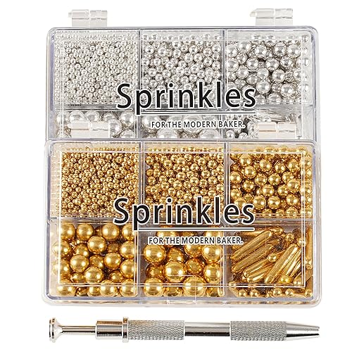 Kasvan Gold and Silver Sugar Sprinkles - Edible Candy Pearls with 4-Claw Sprinkle Pen,8.32Oz, Gift Box Pack, Baking Cake Decorations, Ice Cream