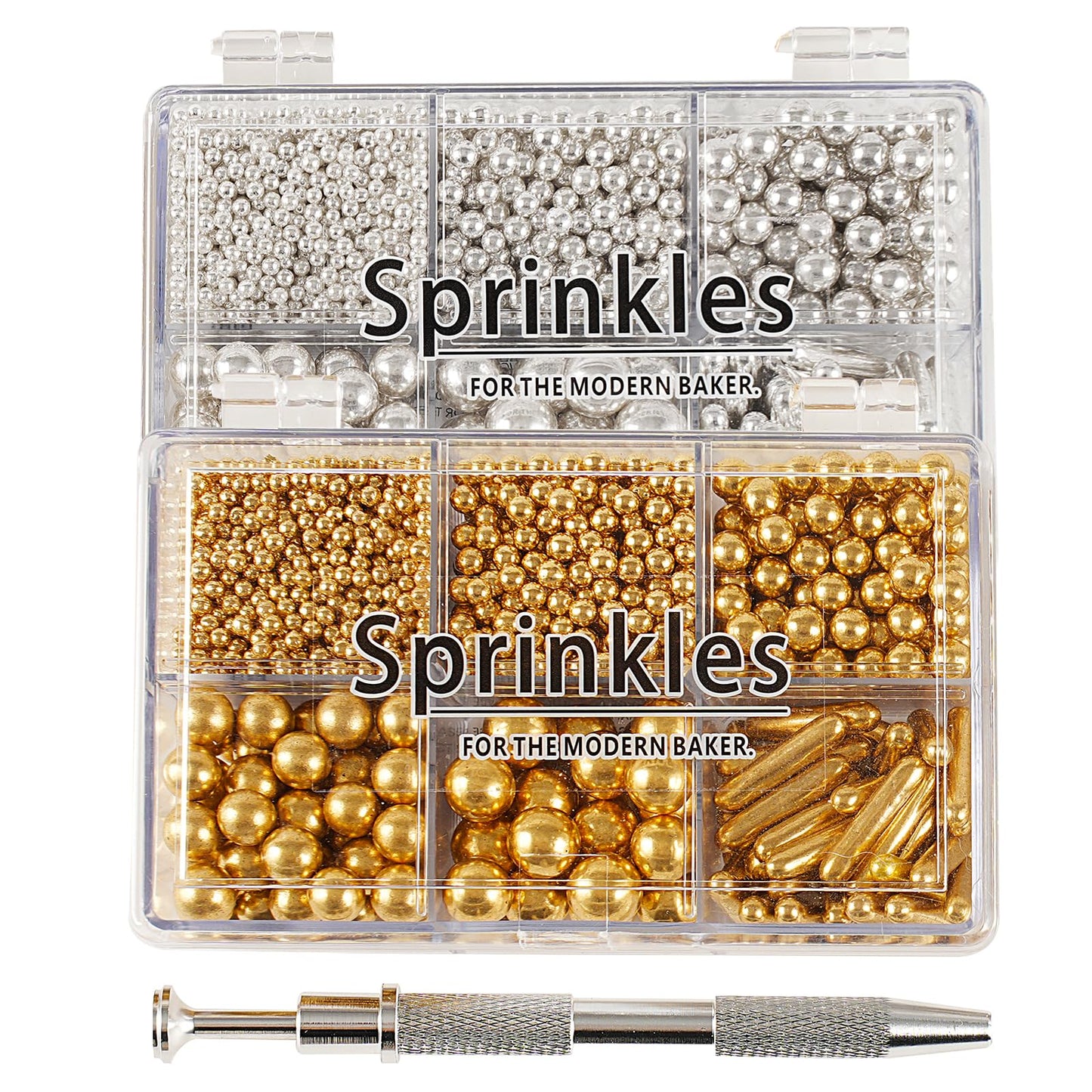Kasvan Gold and Silver Sugar Sprinkles - Edible Candy Pearls with 4-Claw Sprinkle Pen,8.32Oz, Gift Box Pack, Baking Cake Decorations, Ice Cream