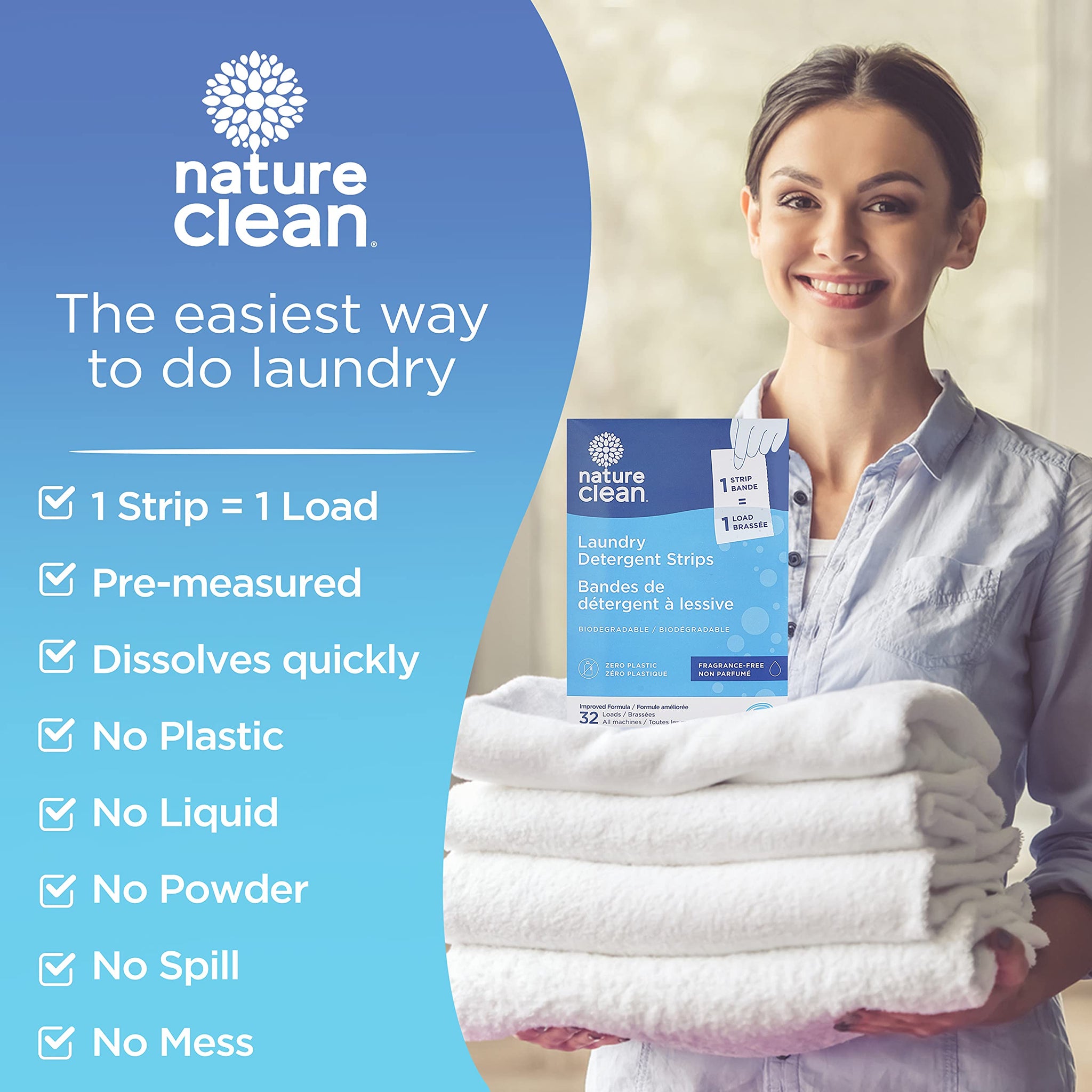 Nature Clean Non-Toxic Laundry Detergent Sheets Unscented 32 counts. Natural Fragrance Free Travel Laundry Detergent Strips & Soap Sheets Scent free
