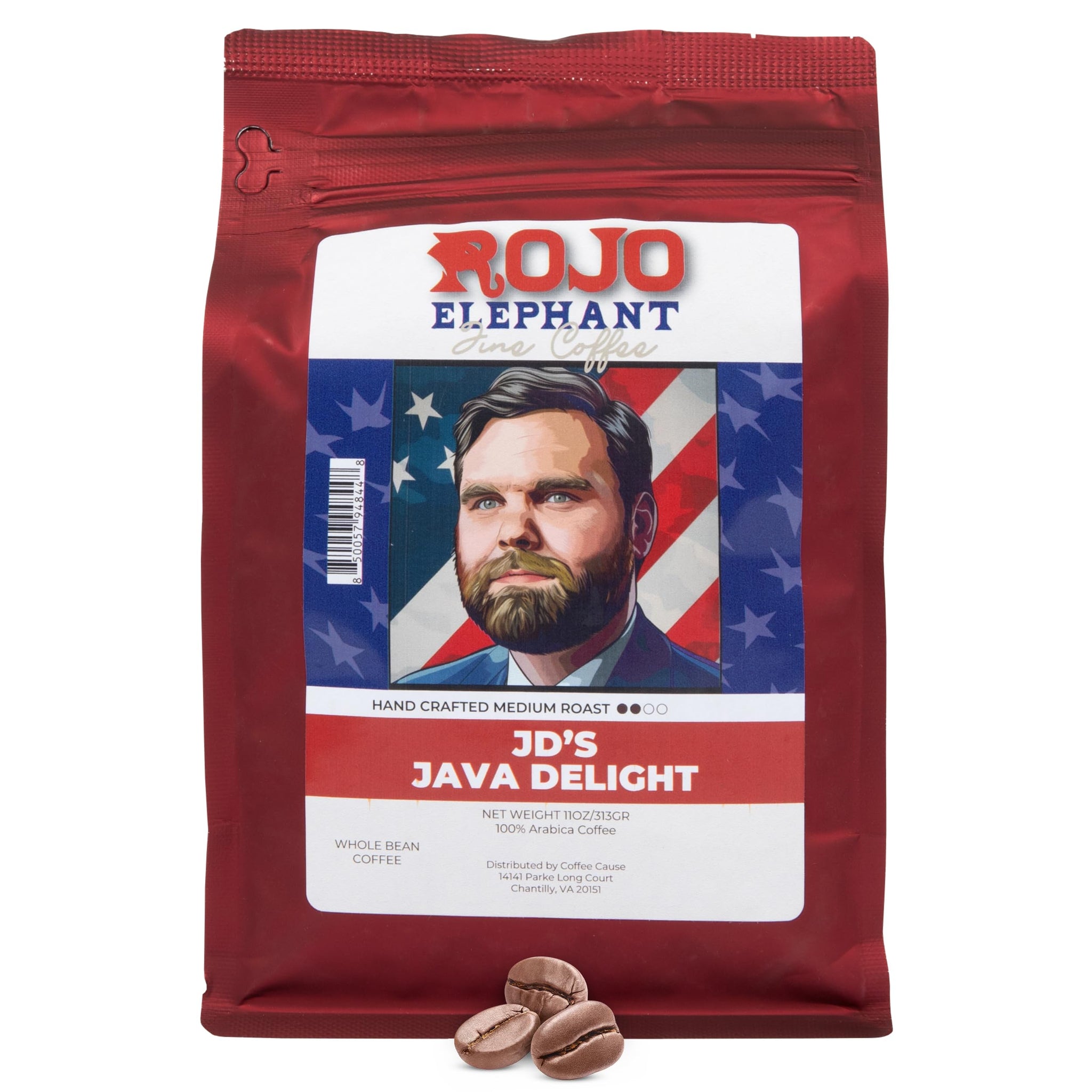 Rojo Elephant J.D.'s Java Delight Handcrafted Whole Bean Coffee, 100% Arabica Beans, Premium Light-Medium Roast, Smooth, Rich Flavor, 11 oz Bag