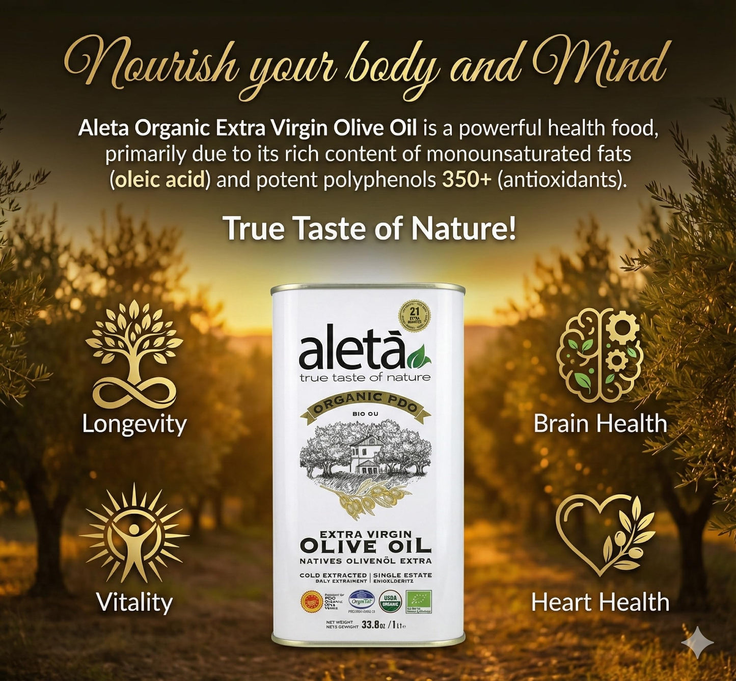 Aleta Farms Olive Oil Extra Virgin, USDA Organic, Single Estate PDO Polyphenol Rich Olive Oil, Cold Pressed, Global Gold Awards, Kosher, 33.8 Fl oz
