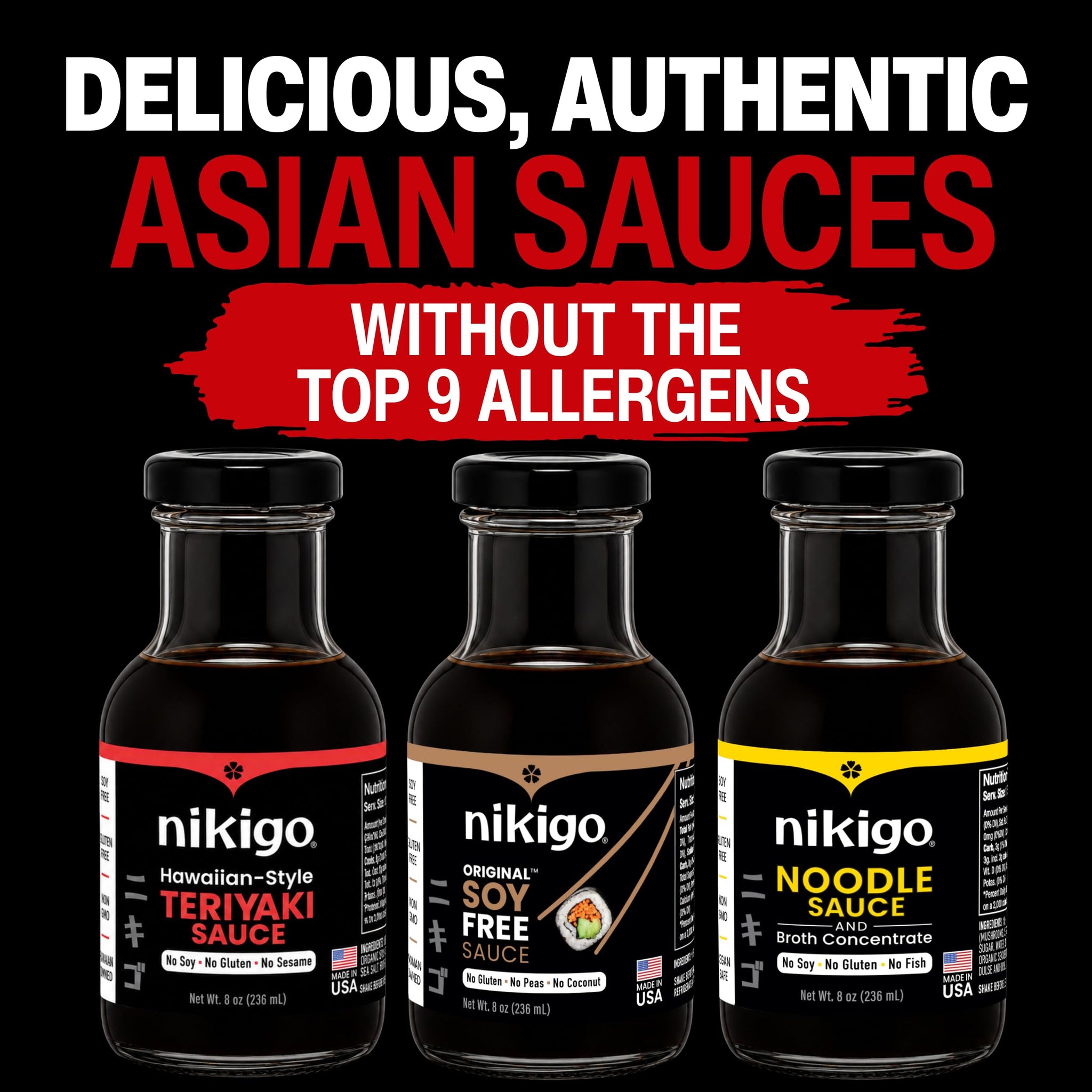 NIKIGO Soy Free Sauces Variety Pack - Original Soy Free Sauce, Hawaiian-Style Teriyaki Sauce, Noodle Sauce & Broth Concentrate - Premium Soy Sauce