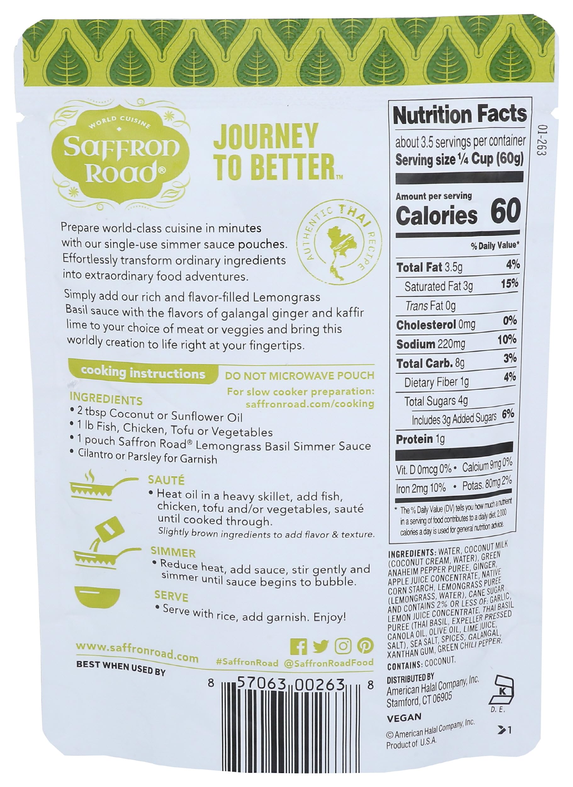Saffron Road Lemongrass Basil Simmer Sauce, 7oz - Non-GMO, Gluten Free, Halal, Kosher