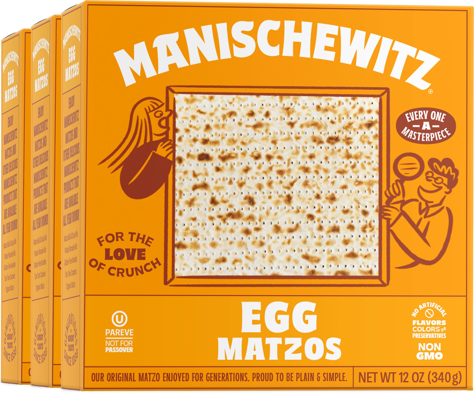 Manishewitz Egg Matzo 12oz (3 Pack) Kosher (Not For Passover), Thin, Crisp & Light Texture, Sodium Free, No Artificial Flavors, Colors or Ingredients,