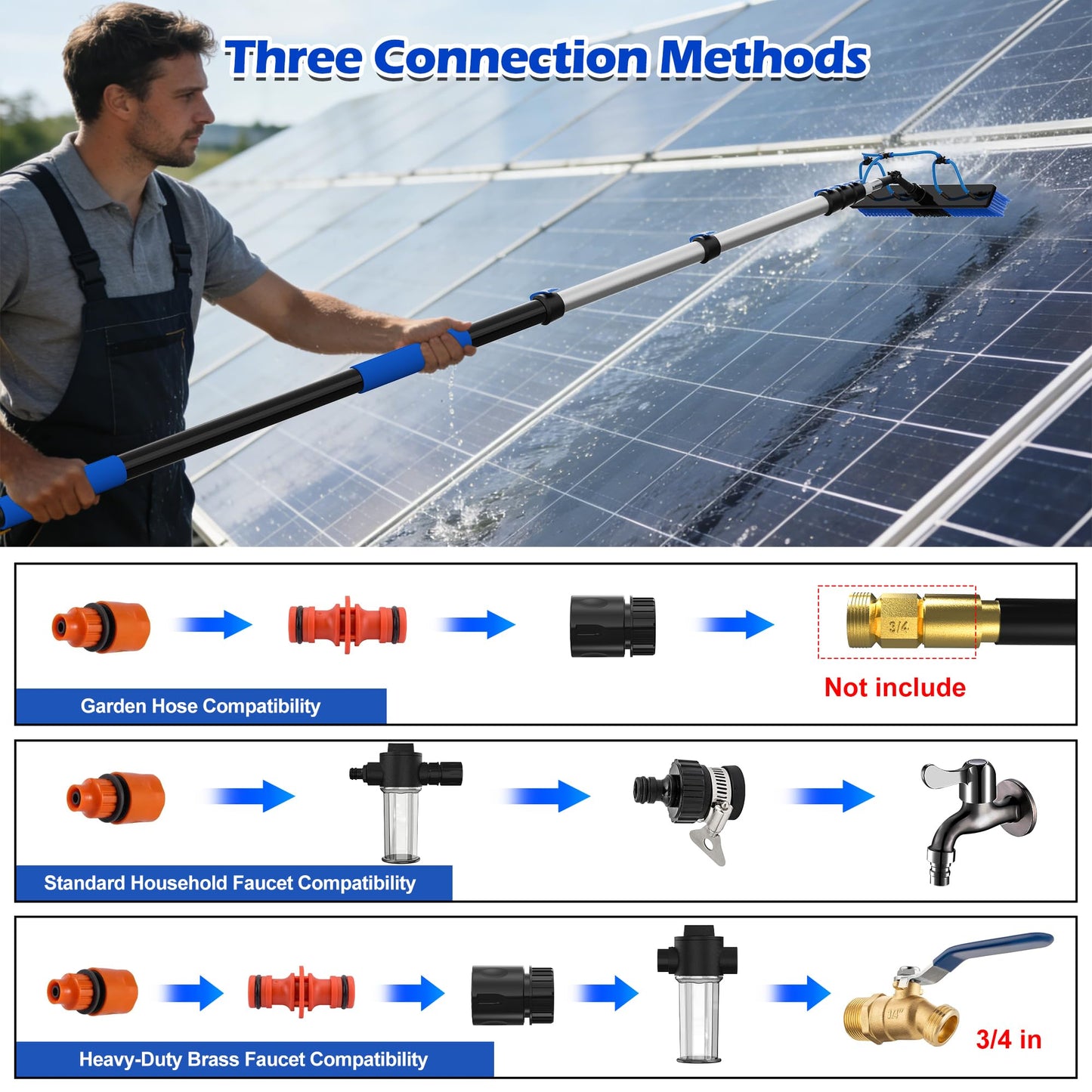 TONYINGO 5-20FT Solar Panel Cleaning Brush Kit - Telescopic Pole with Dual Action Flip-Lock & Screw Fixing, Water Flow & Soap Dispenser, Ideal