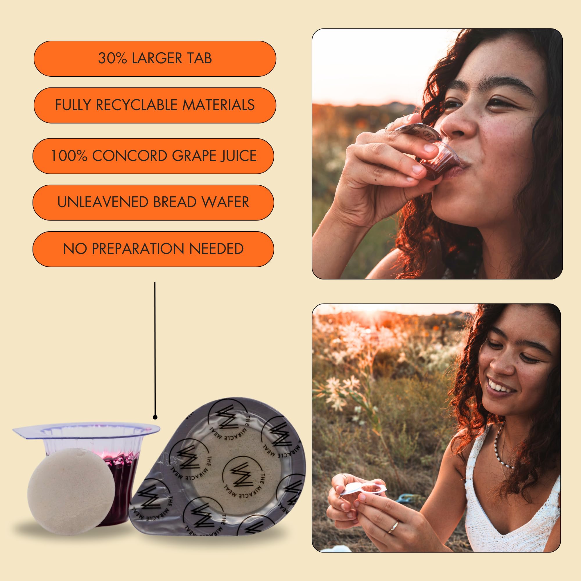 The Miracle Meal Easy Open Larger Tab - The Miracle Meal Pre Filled Traditional Communion Cup - Box 100 with wafer and 100% Concord grape juice.